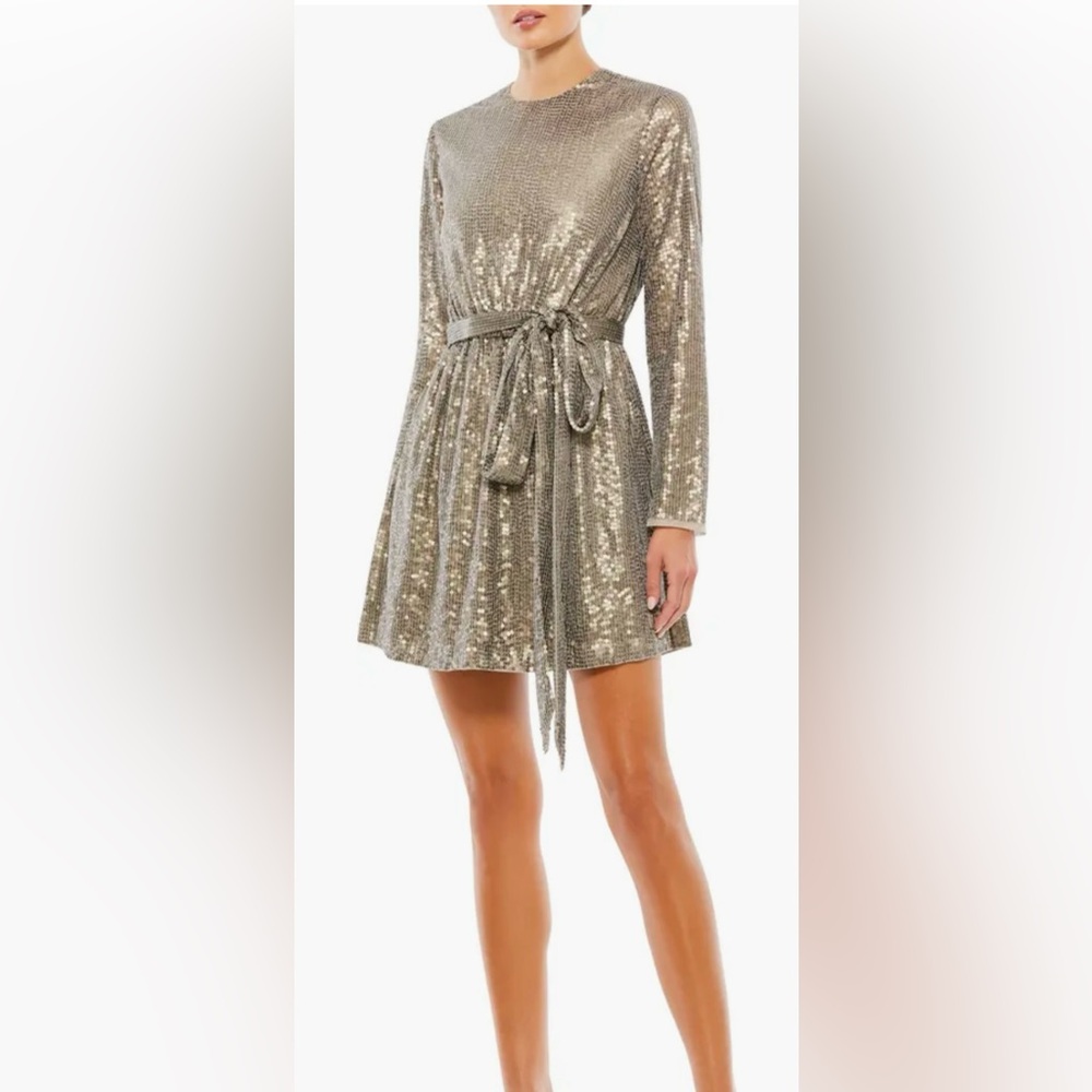 Mac Duggal Gold Sequin Embellish Long Sleeve High Neck Mini Dress Sz 12 $398 NWT